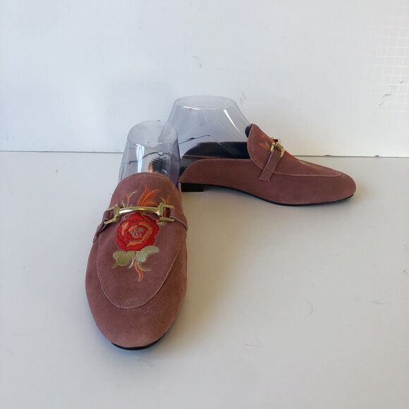 Ellos Horsebit Leather Suede Mules Loafers Pink Rose Embroidered Womens Size 8.5 - Picture 6 of 13